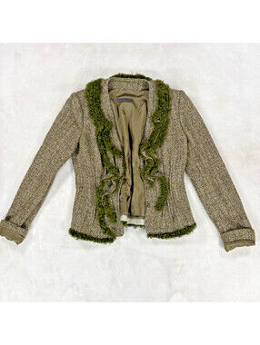 Alberta Ferretti Womens Cropped Tweed Jacket Olive Green Faux Fur Trim